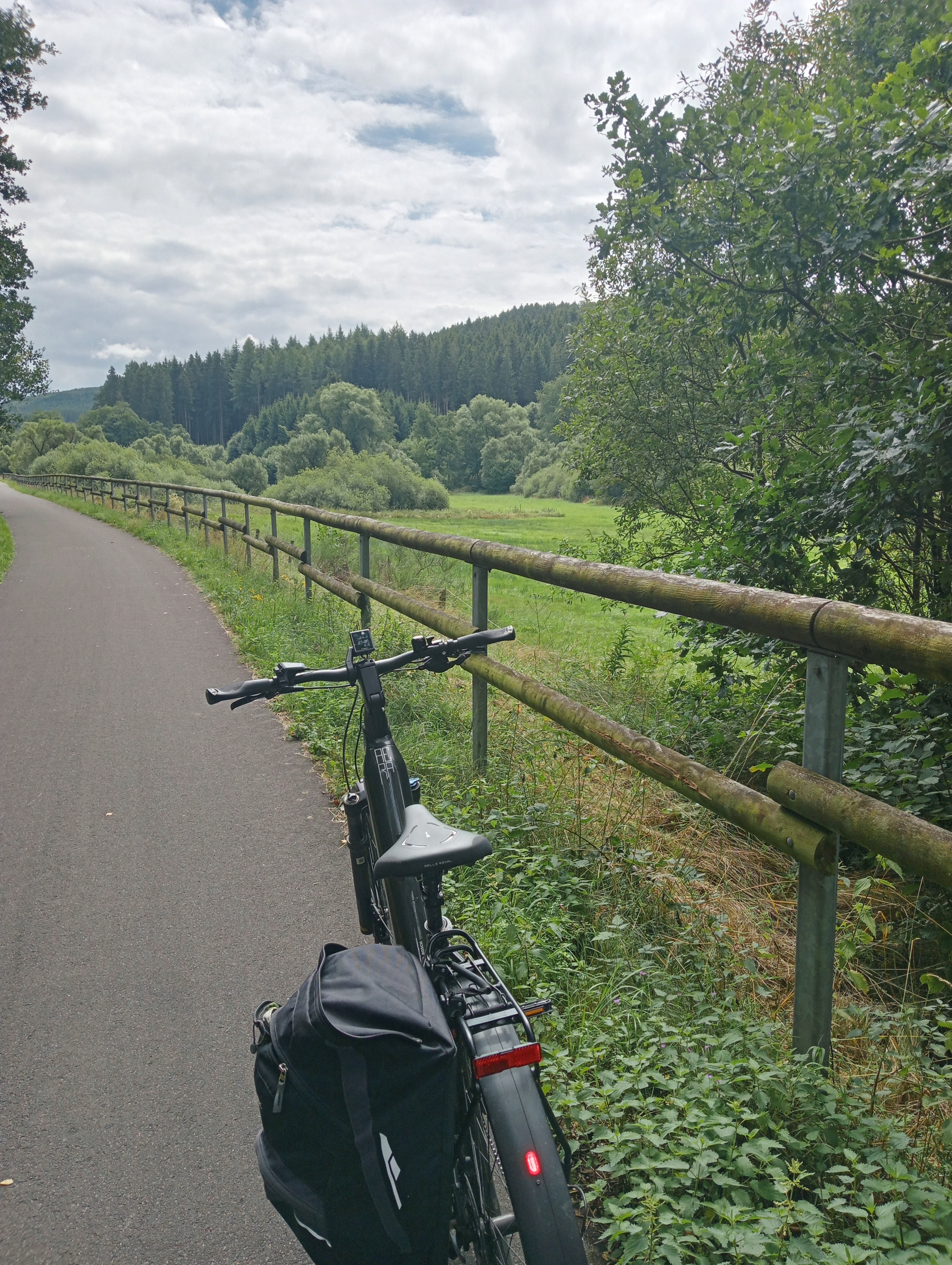 Een foto van een fiets waarbij een gedeelte van het fietspad zichtbaar is. In de verte hoge, groene bomen. De lucht is blauw met vele wolken.